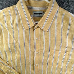 Guideboat Portugal Linen Button Up Shirt Yellow Blue Striped 2XL Long Sleeve Men